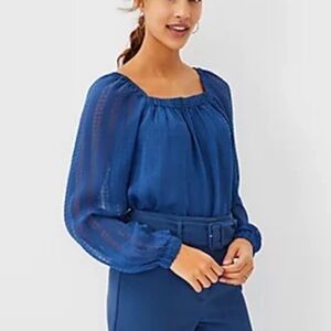 Ann Taylor Ruched Square Neck Blouse With Sheer Sleeves